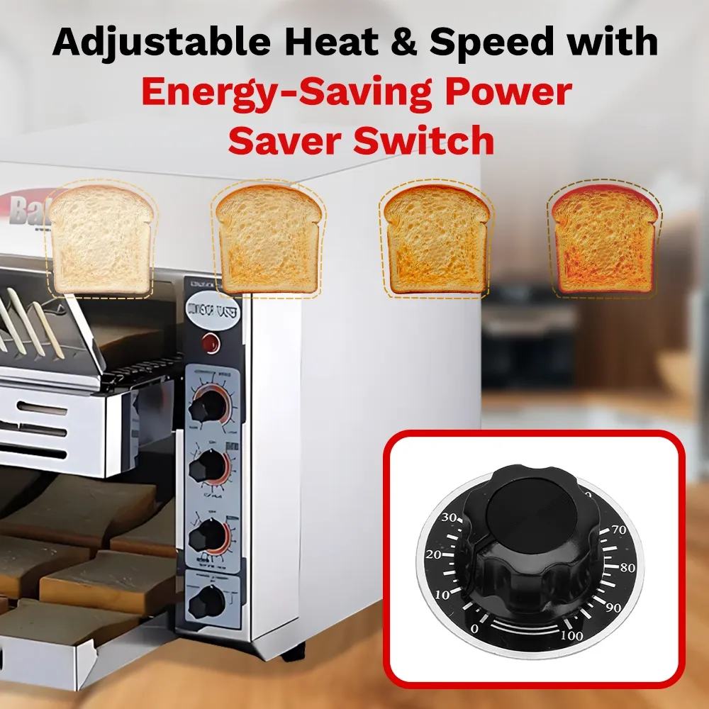 BakeMax Stainless steel conveyor toaster with fourteen-inch belt, delivers 360 slices per hour, ideal for cafés and diners with limited kitchen space.