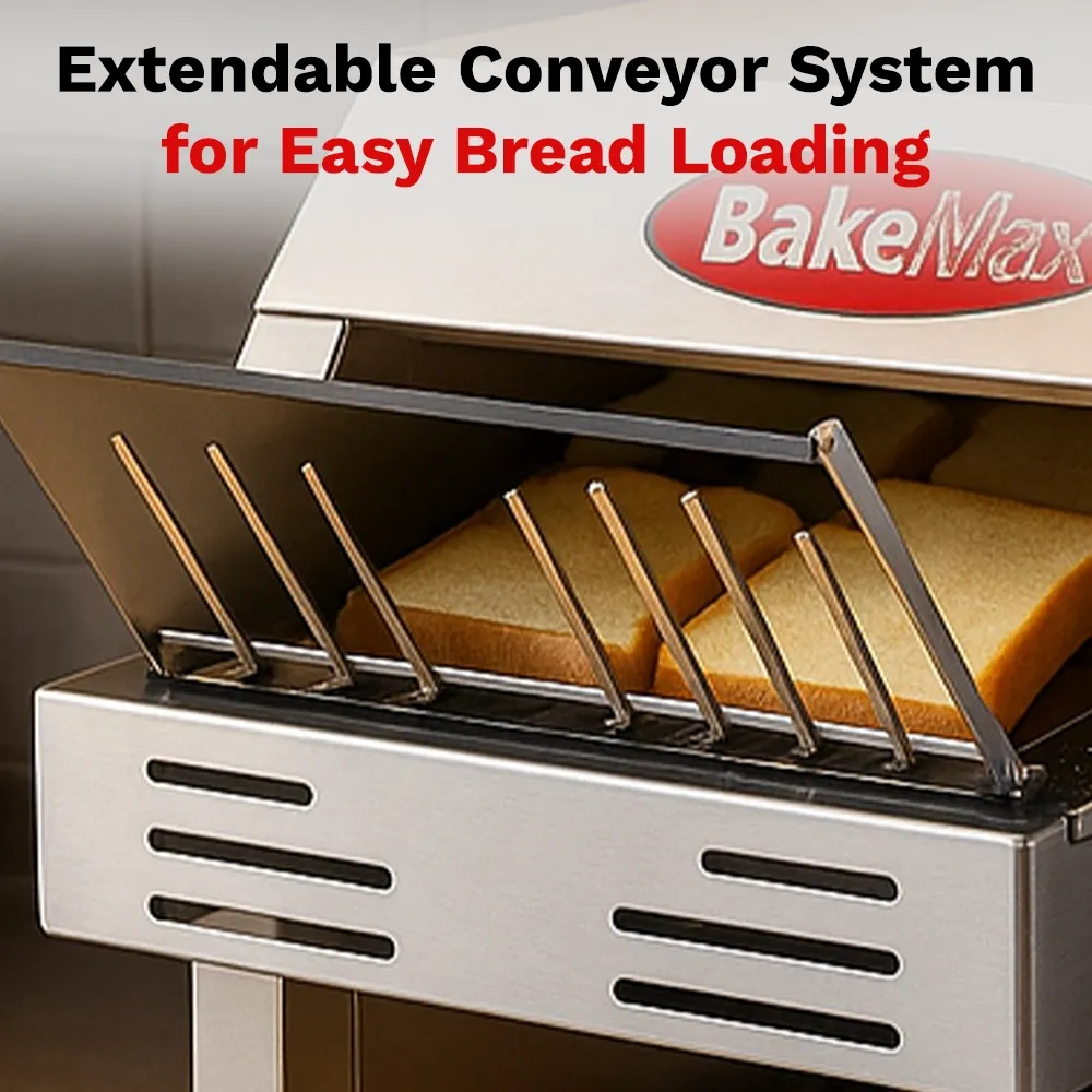 BakeMax Stainless steel conveyor toaster with fourteen-inch belt, delivers 360 slices per hour, ideal for cafés and diners with limited kitchen space.