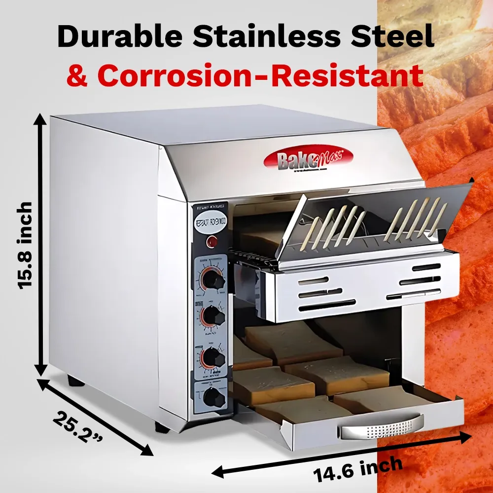 BakeMax Stainless steel conveyor toaster with fourteen-inch belt, delivers 360 slices per hour, ideal for cafés and diners with limited kitchen space.