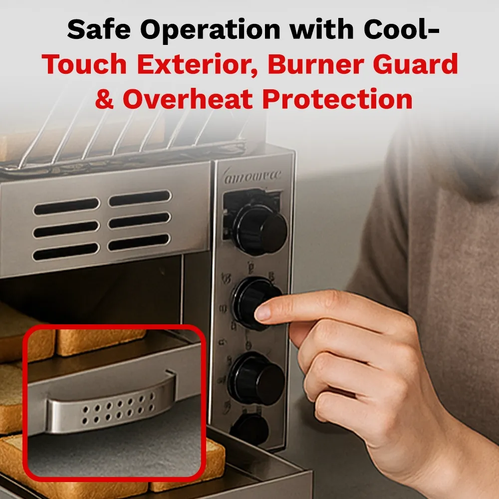 BakeMax Stainless steel conveyor toaster with fourteen-inch belt, delivers 360 slices per hour, ideal for cafés and diners with limited kitchen space.