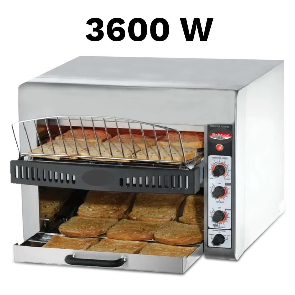 BakeMax conveyor toaster with seventeen-inch belt, handles five hundred slices per hour, compact stainless design for cafeterias and bakeries.