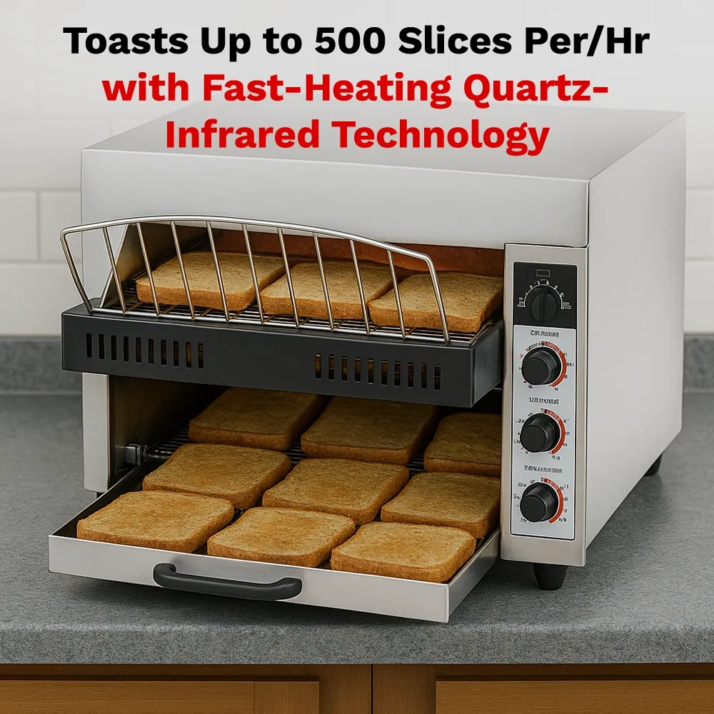 BakeMax conveyor toaster with seventeen-inch belt, handles five hundred slices per hour, compact stainless design for cafeterias and bakeries.