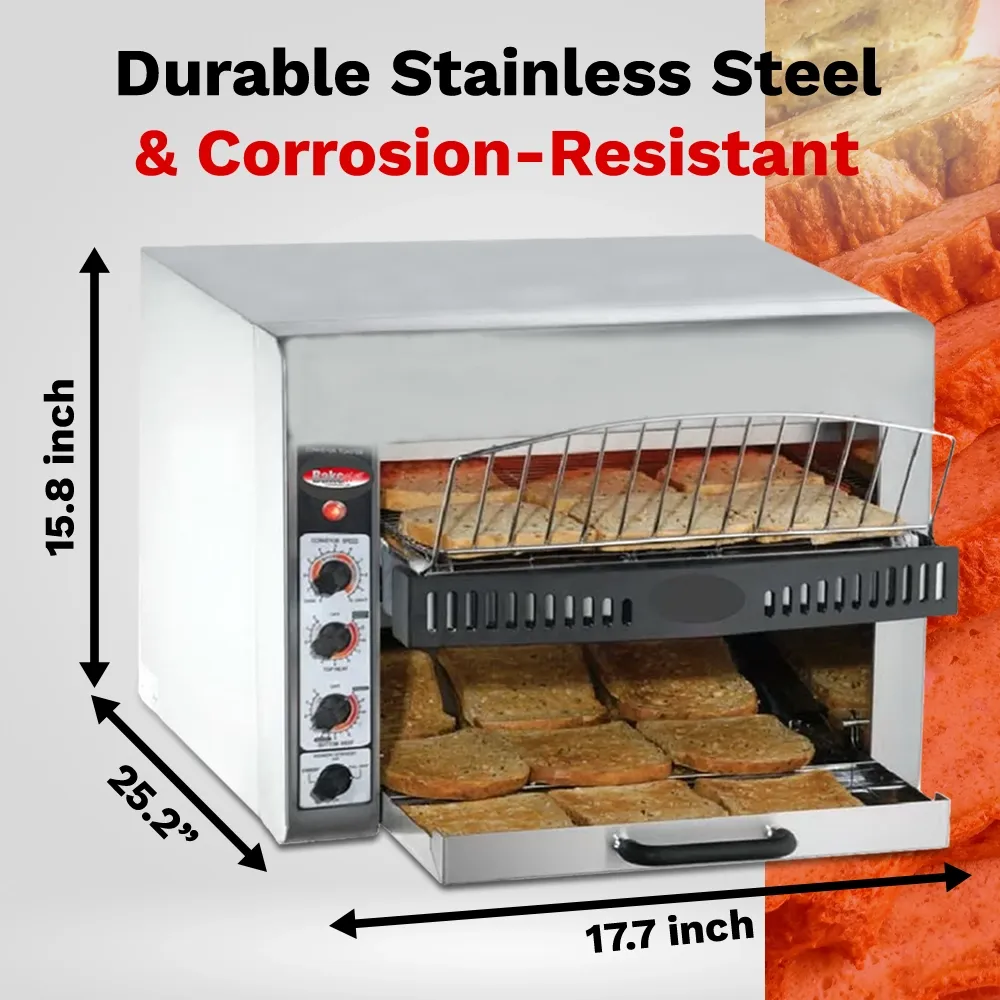 BakeMax conveyor toaster with seventeen-inch belt, handles five hundred slices per hour, compact stainless design for cafeterias and bakeries.