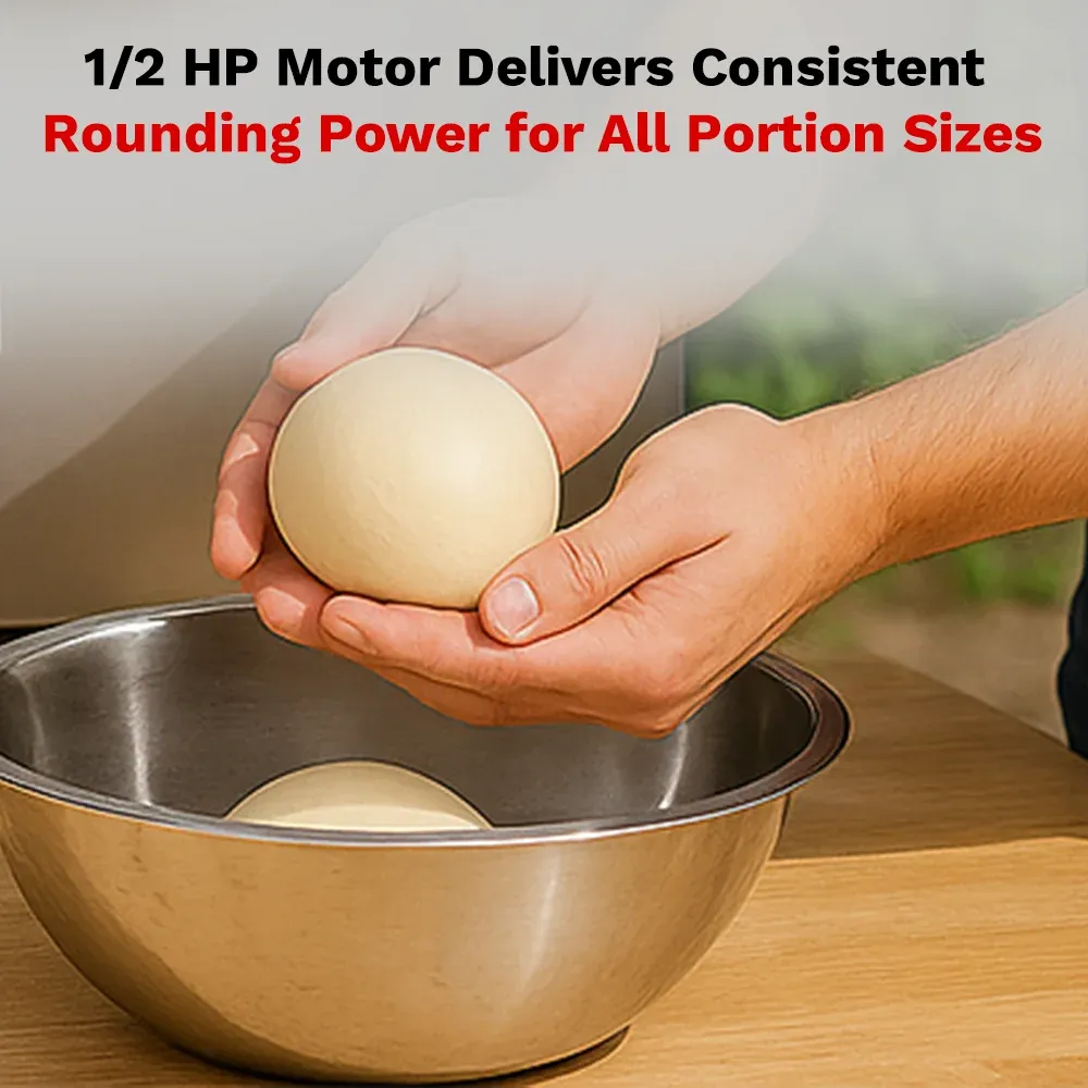 BakeMax Titan Series compact countertop dough ball rounder with stainless steel design, portion control settings, and efficient dough ball forming.