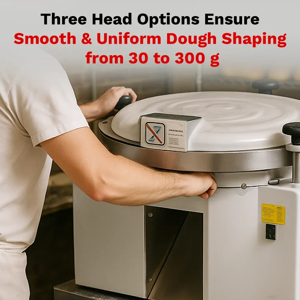 BakeMax Titan Series compact countertop dough ball rounder with stainless steel design, portion control settings, and efficient dough ball forming.