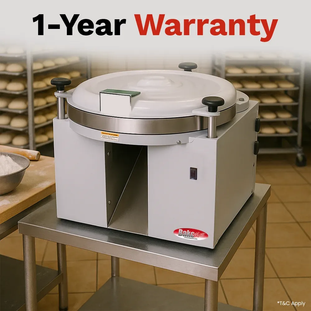 BakeMax Titan Series compact countertop dough ball rounder with stainless steel design, portion control settings, and efficient dough ball forming.