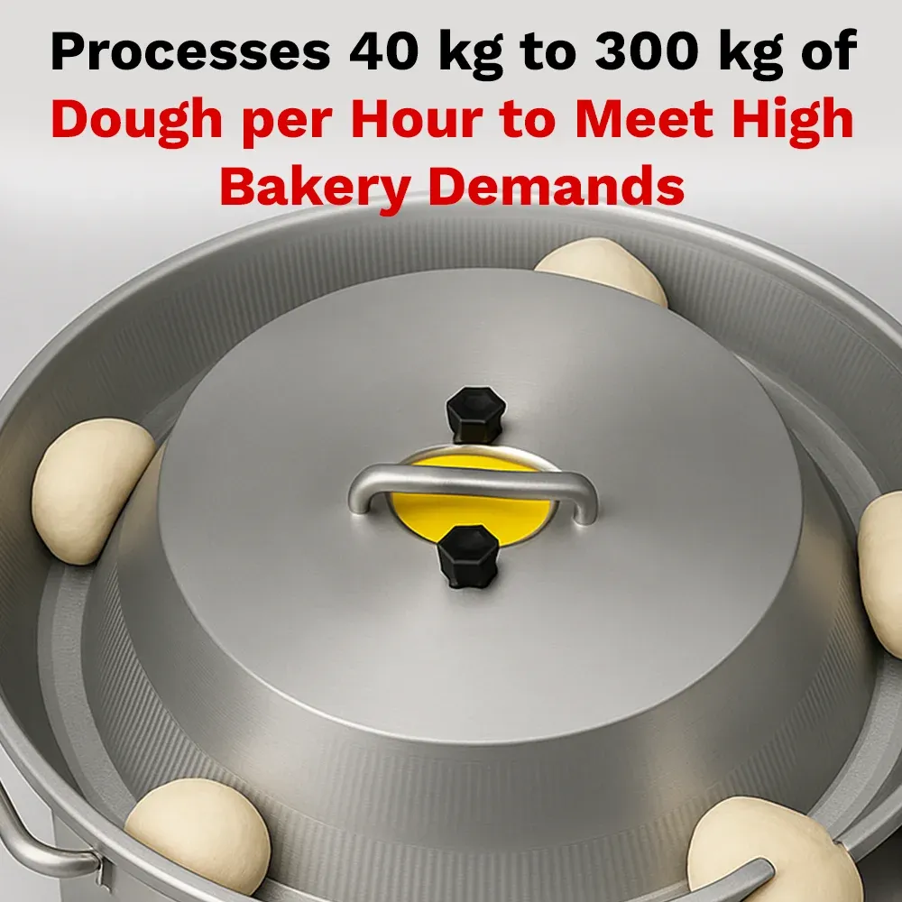 BakeMax Titan Series countertop dough ball rounder with stainless steel housing, safety guard, and adjustable settings for dough portion rounding.