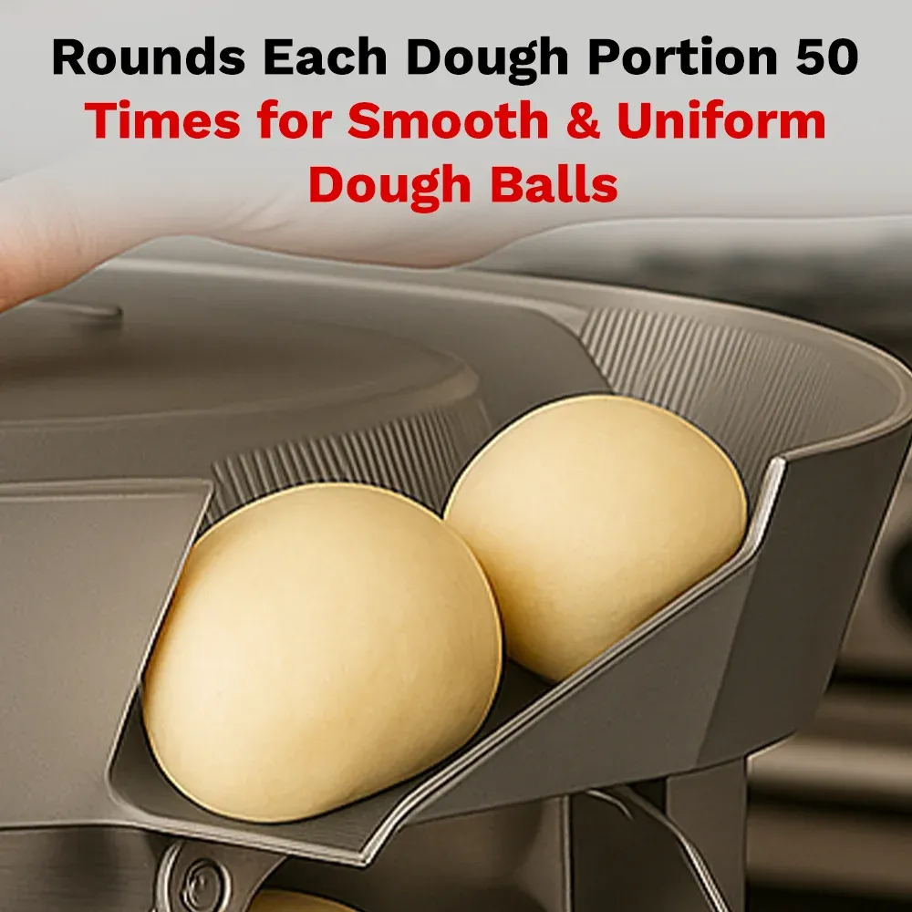 BakeMax Titan Series countertop dough ball rounder with stainless steel housing, safety guard, and adjustable settings for dough portion rounding.