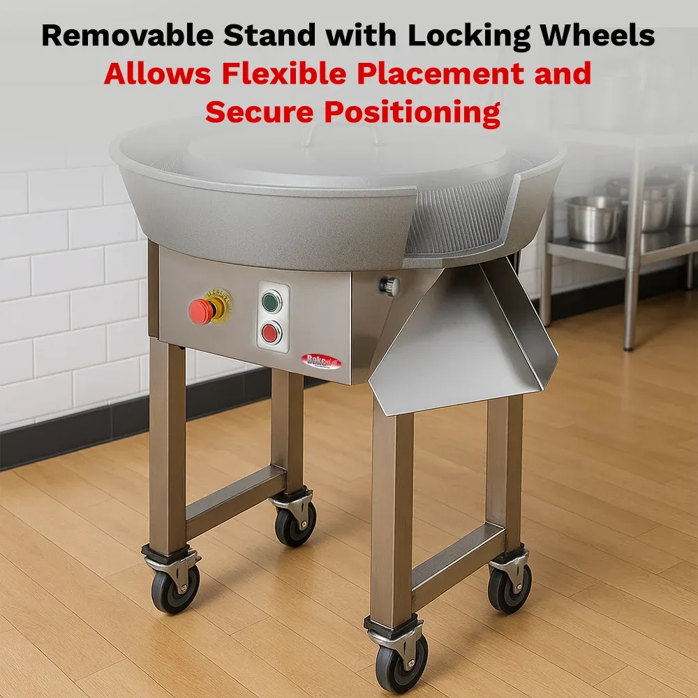 BakeMax Titan Series dough ball rounder with stainless steel frame, floor-standing build, and adjustable high-volume rounding capacity for bakeries.