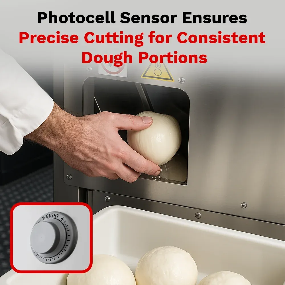 BakeMax BMDD005 Titan Series automatic dough divider and rounder with countertop stainless design, dough hopper, and efficient portioning for bakeries