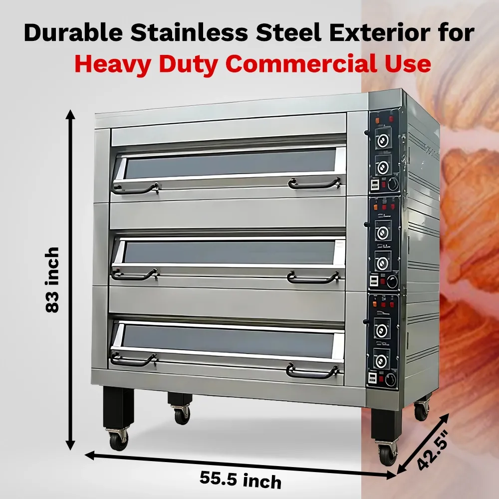 Stainless steel four-deck electric oven with control panels and wheels fits eight large pans, perfect for efficient commercial baking.