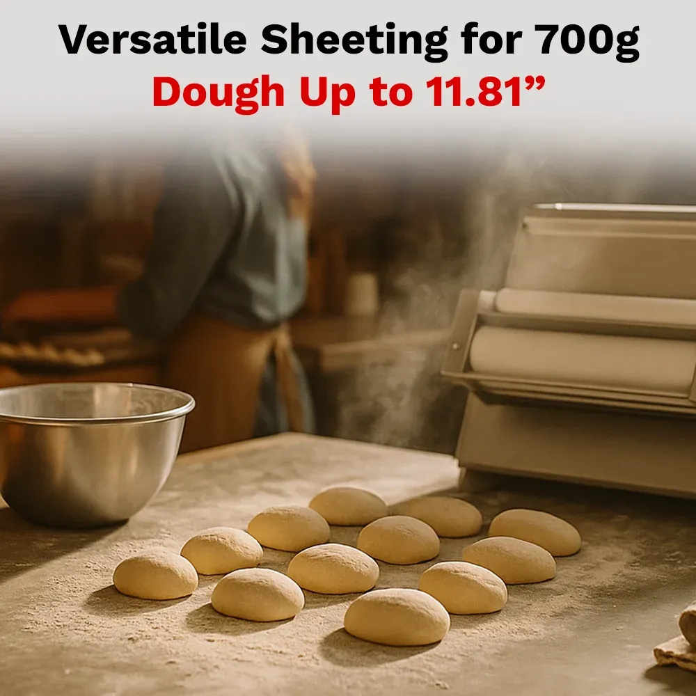 BakeMax Compact countertop dough sheeter with single-pass rollers and side handle, ideal for flattening dough in commercial kitchens and bakeries.