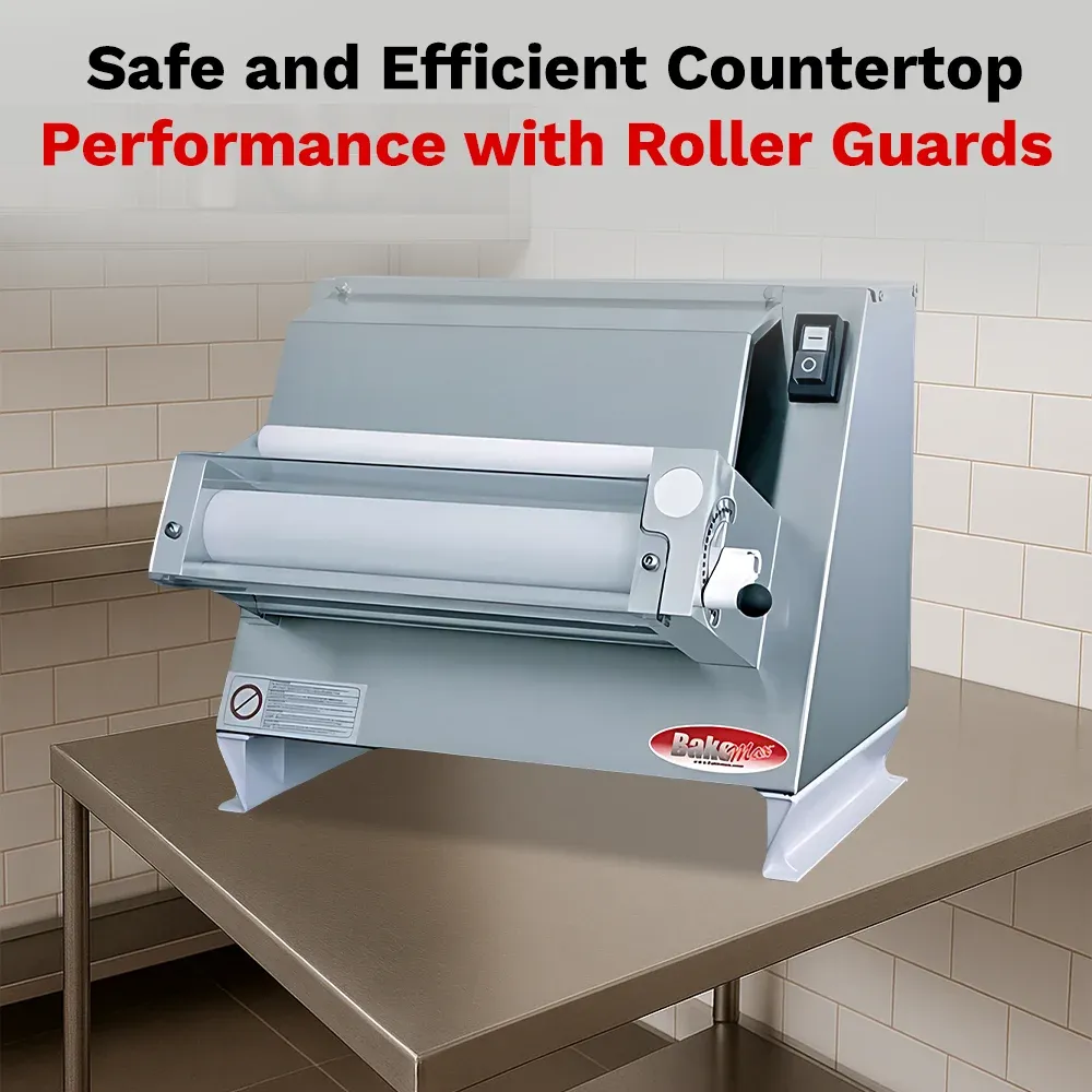 BakeMax Compact countertop dough sheeter with single-pass rollers and side handle, ideal for flattening dough in commercial kitchens and bakeries.