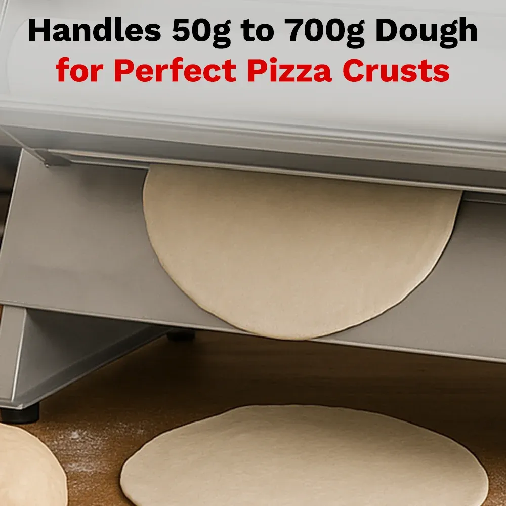 BakeMax Compact countertop dough sheeter with single-pass rollers and side handle, ideal for flattening dough in commercial kitchens and bakeries.