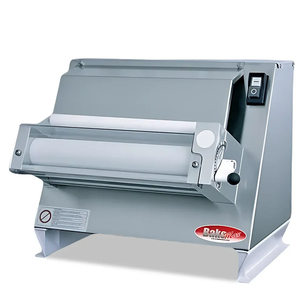 BakeMax Single-pass dough sheeter with compact countertop design, quiet motor, consistent dough thickness, easy to clean for pastry and bakery use.