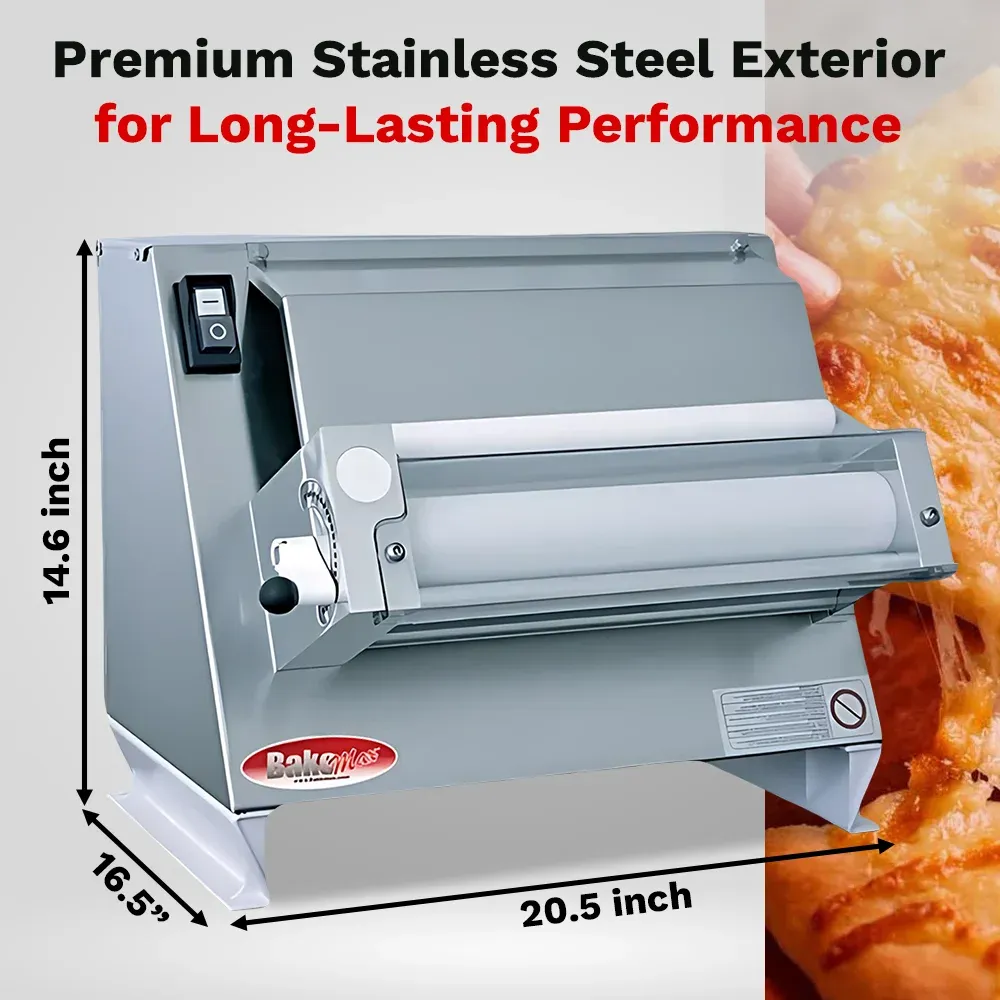 BakeMax Single-pass dough sheeter with compact countertop design, quiet motor, consistent dough thickness, easy to clean for pastry and bakery use.