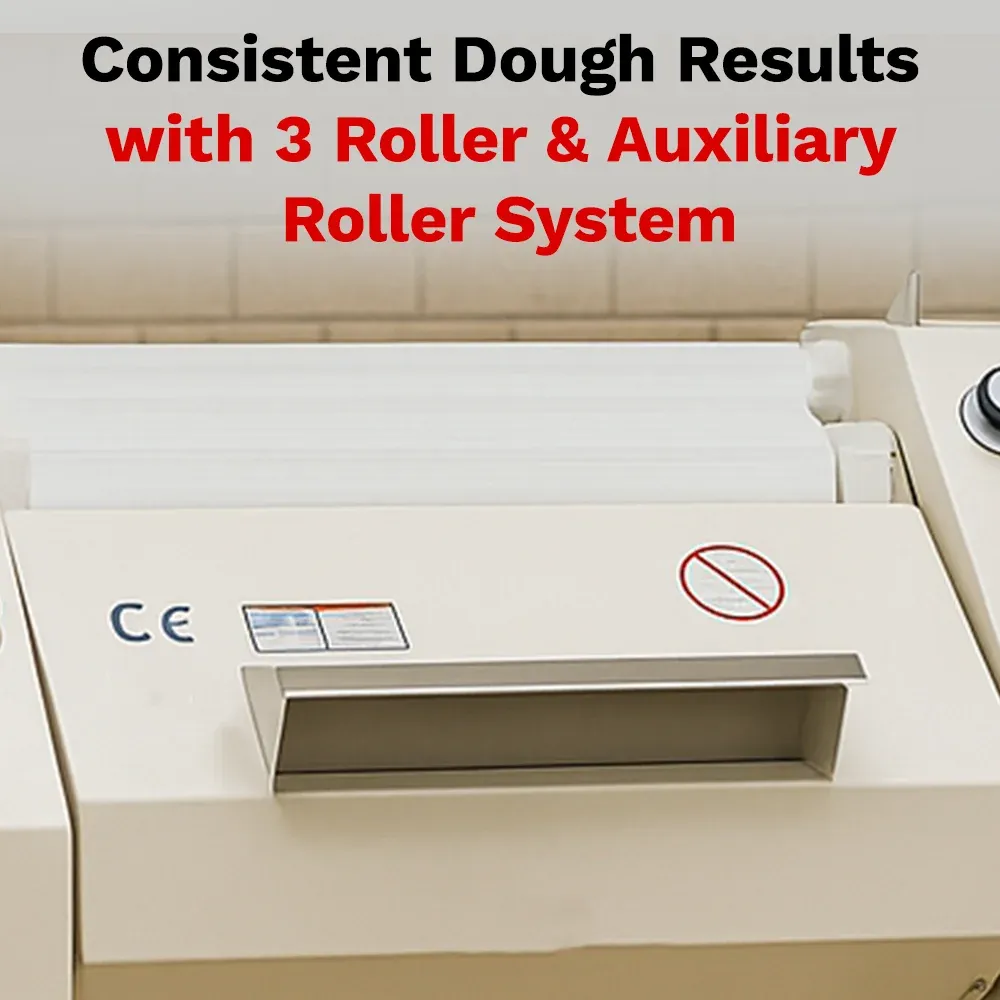 BakeMax Titan Series 39-inch French bread moulder with stainless steel rollers, heavy-duty frame, and floor design ideal for bakeries and bread shops.