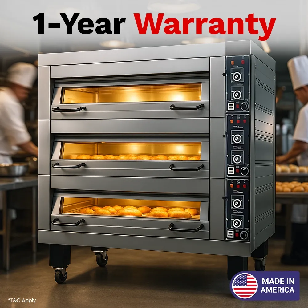 BakeMax triple-deck electric oven fits multiple sheet pans, providing consistent temperature control for medium to large baked goods production.