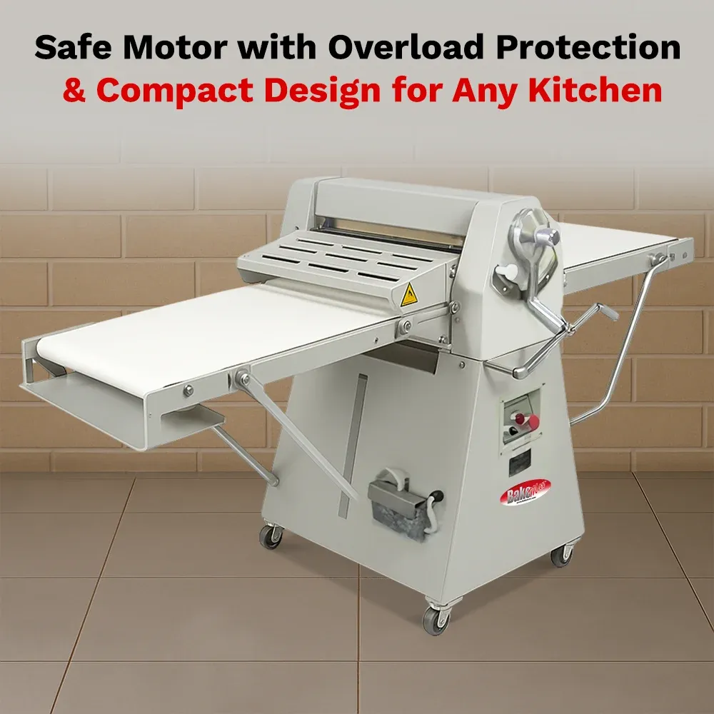 BakeMax Floor dough sheeter with reversible rollers, compact design, adjustable thickness and easy to clean, ideal for pizza and pastry kitchens.