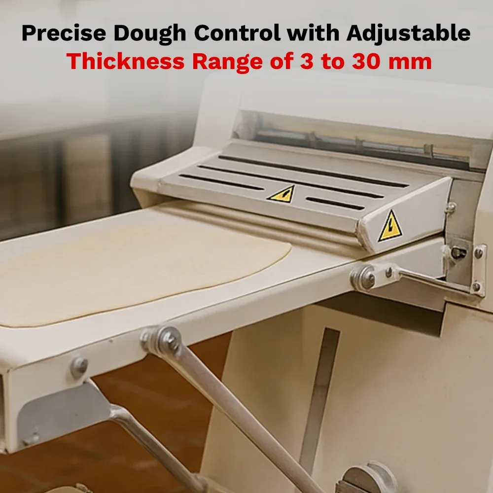 BakeMax Floor dough sheeter with reversible rollers, compact design, adjustable thickness and easy to clean, ideal for pizza and pastry kitchens.