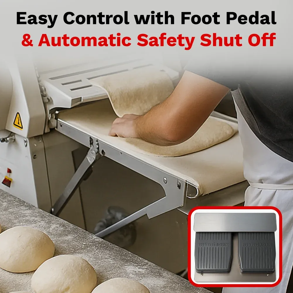 BakeMax Floor dough sheeter with reversible rollers, compact design, adjustable thickness and easy to clean, ideal for pizza and pastry kitchens.