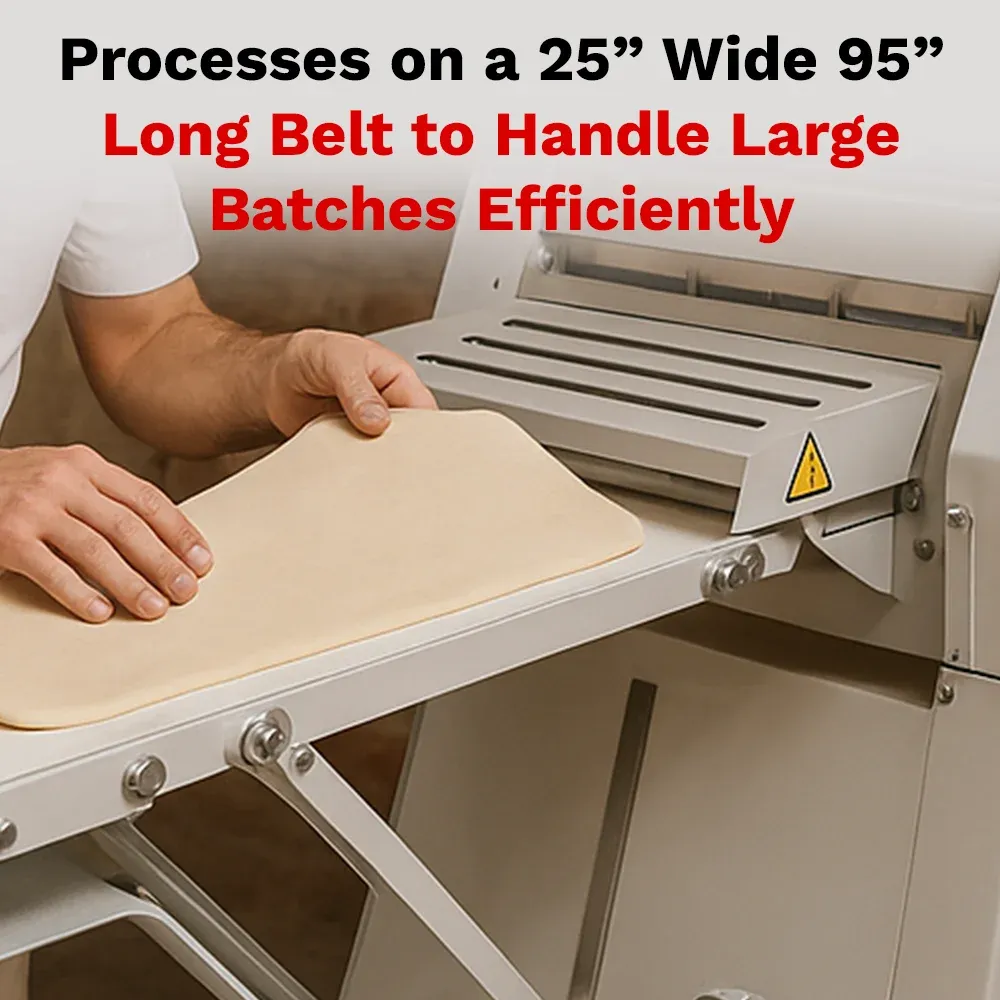 BakeMax Floor dough sheeter with reversible stainless rollers, adjustable thickness,high output, easy cleaning, durable bakery equipment for heavy use