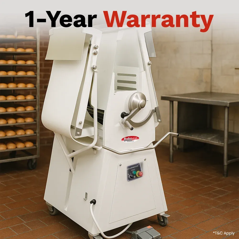 BakeMax Floor dough sheeter with reversible stainless rollers, adjustable thickness,high output, easy cleaning, durable bakery equipment for heavy use