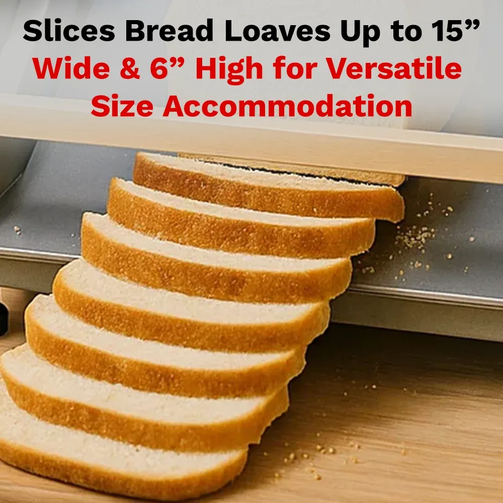 BakeMax Titan Series 30-inch countertop bread slicer with stainless steel frame, compact design, and gravity feed slicing system for fresh bread.