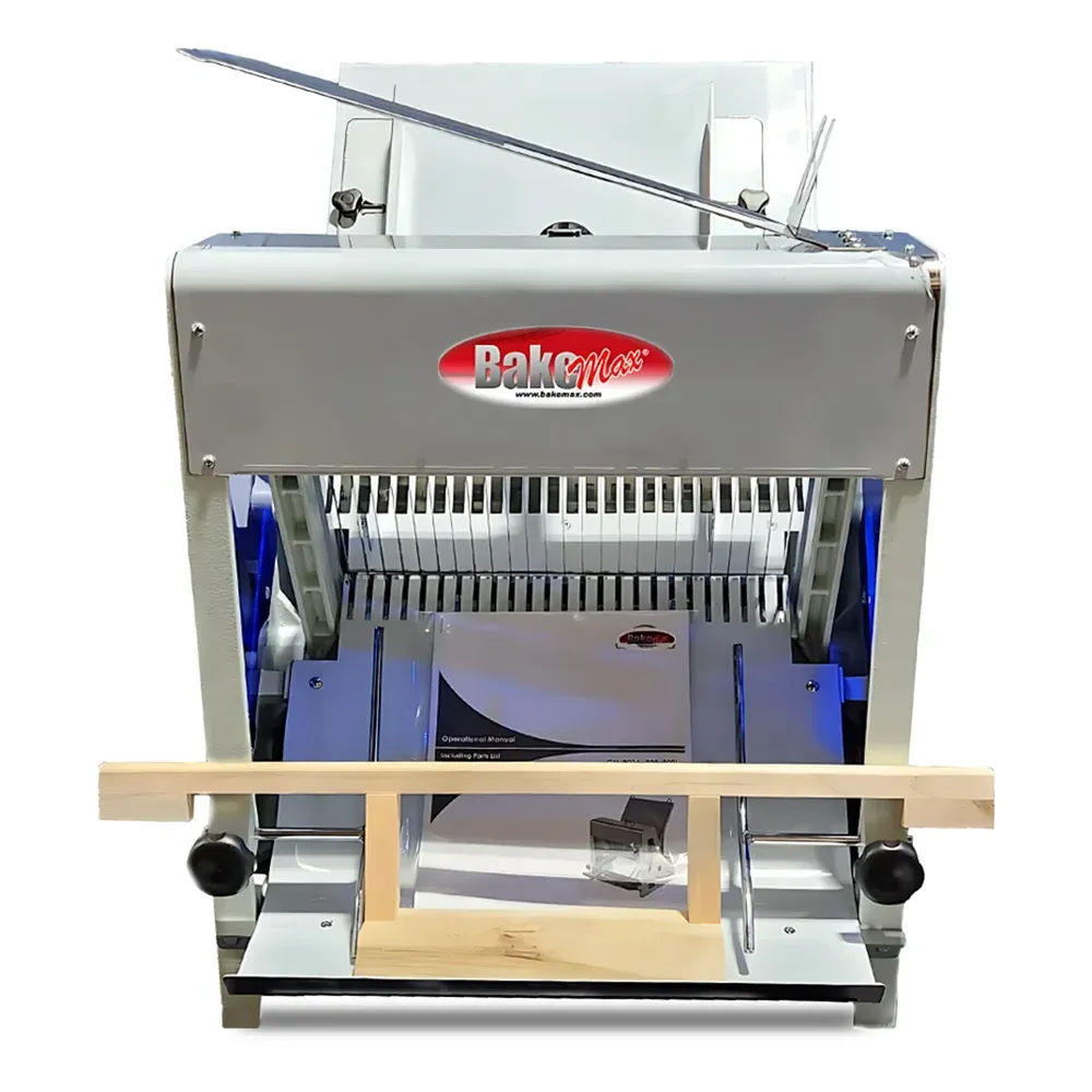 BakeMax Titan Series 30-inch countertop bread slicer with stainless steel frame, compact design, and gravity feed slicing system for fresh bread.
