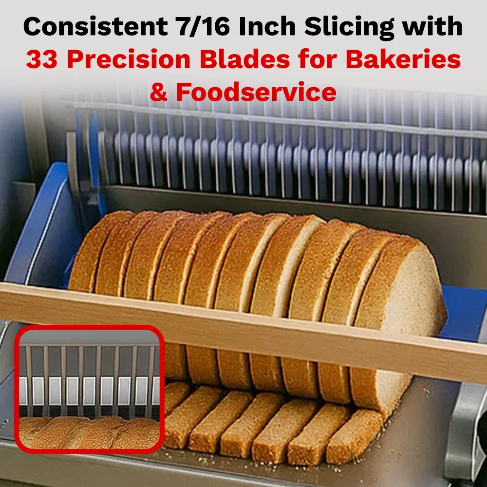 BakeMax Titan Series 30-inch countertop bread slicer with stainless steel frame, compact design, and gravity feed slicing system for fresh bread.