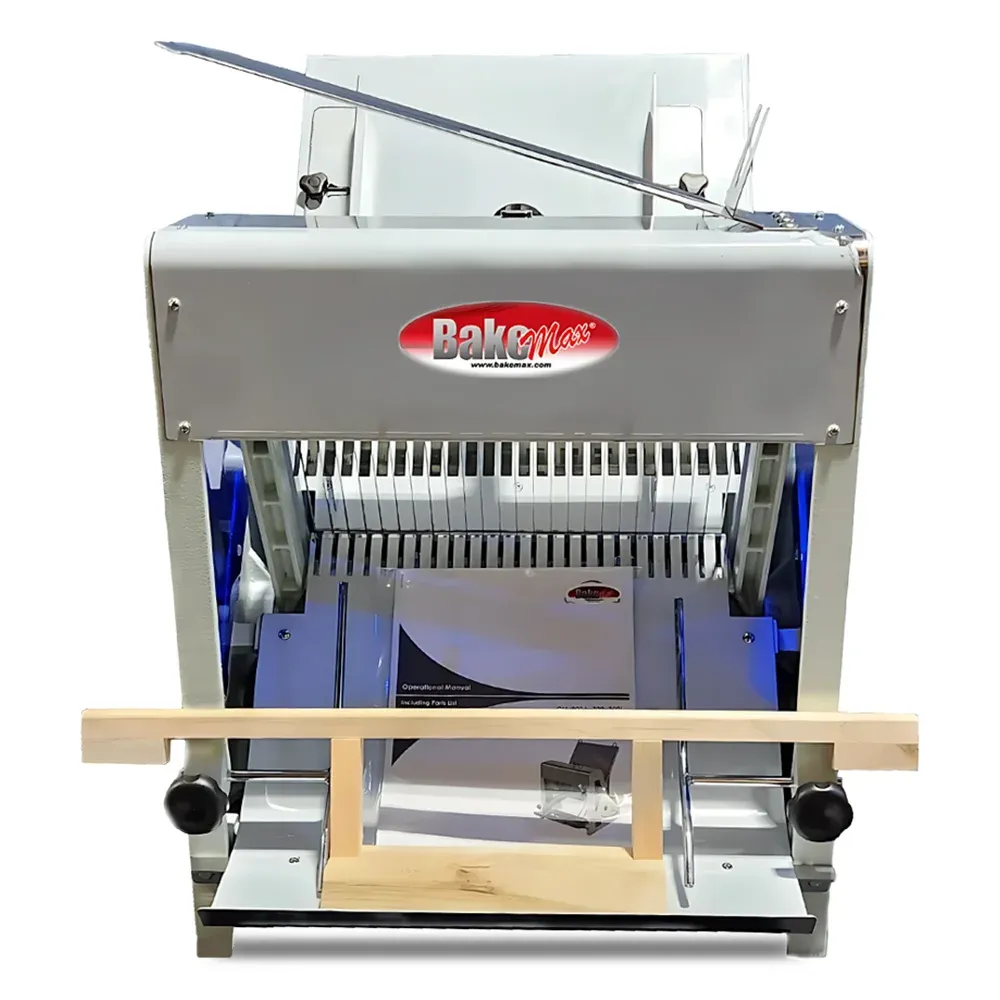 BakeMax Titan Series countertop 30-inch gravity feed bread slicer with stainless steel body, safety guard, and efficient cutting for bakery loaves.