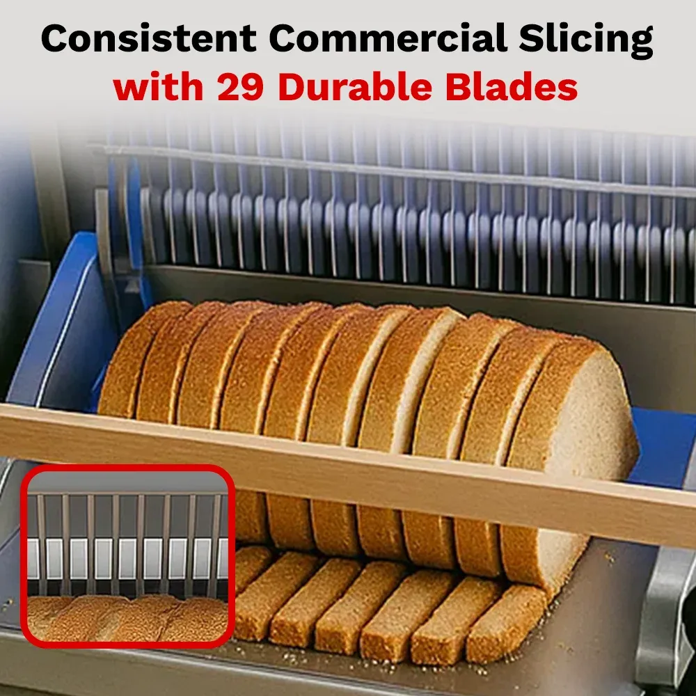 BakeMax Titan Series countertop 30-inch gravity feed bread slicer with stainless steel body, safety guard, and efficient cutting for bakery loaves.