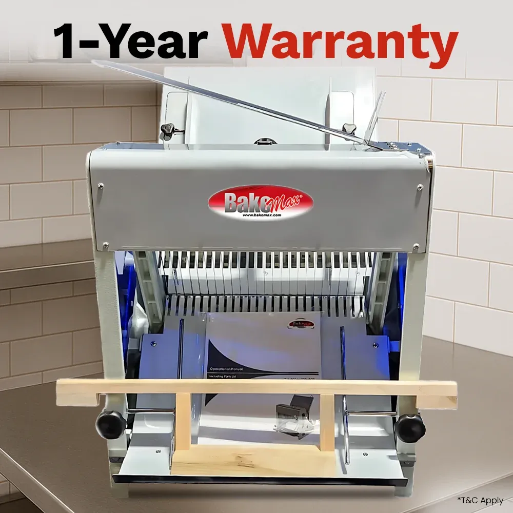 BakeMax Titan Series countertop 30-inch gravity feed bread slicer with stainless steel body, safety guard, and efficient cutting for bakery loaves.