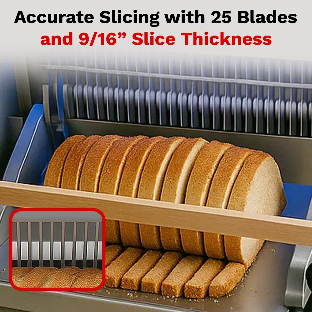 BakeMax BMGF001-3 Commercial Gravity feed bread slicer, countertop style with stainless construction, gravity feed, Titan Series.