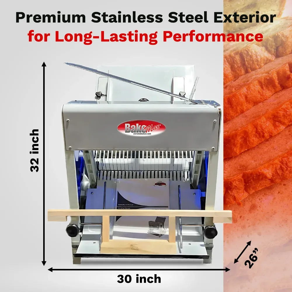 BakeMax BMGF001-3 Commercial Gravity feed bread slicer, countertop style with stainless construction, gravity feed, Titan Series.