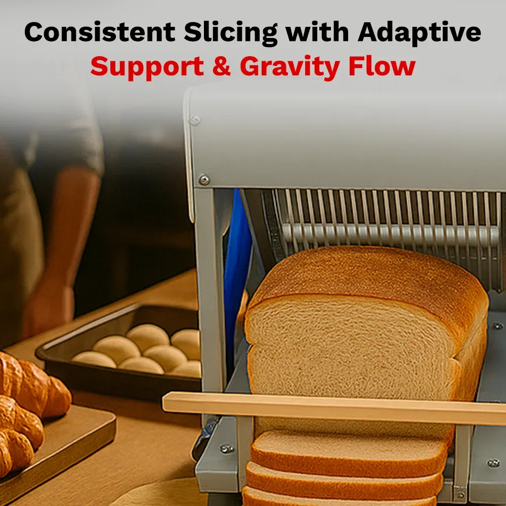 BakeMax BMGF001-6 Titan Series countertop bread slicer with stainless steel housing, gravity feed design, safety guard, and efficient bread slicing.