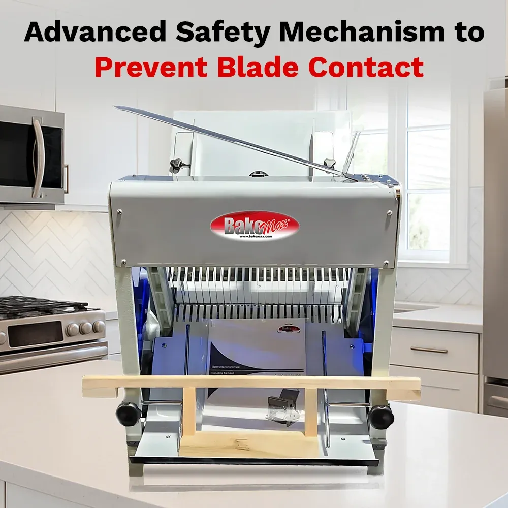 BakeMax BMGF001-6 Titan Series countertop bread slicer with stainless steel housing, gravity feed design, safety guard, and efficient bread slicing.