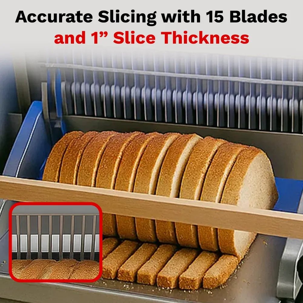 BakeMax BMGF001-6 Titan Series countertop bread slicer with stainless steel housing, gravity feed design, safety guard, and efficient bread slicing.