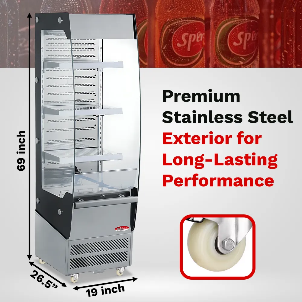 BakeMax 18-inch refrigerated floor display multiple shelves, designed for showcasing chilled food, drinks, and desserts in hotels or cafe