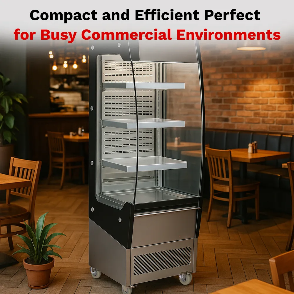 BakeMax 18-inch refrigerated floor display multiple shelves, designed for showcasing chilled food, drinks, and desserts in hotels or cafe