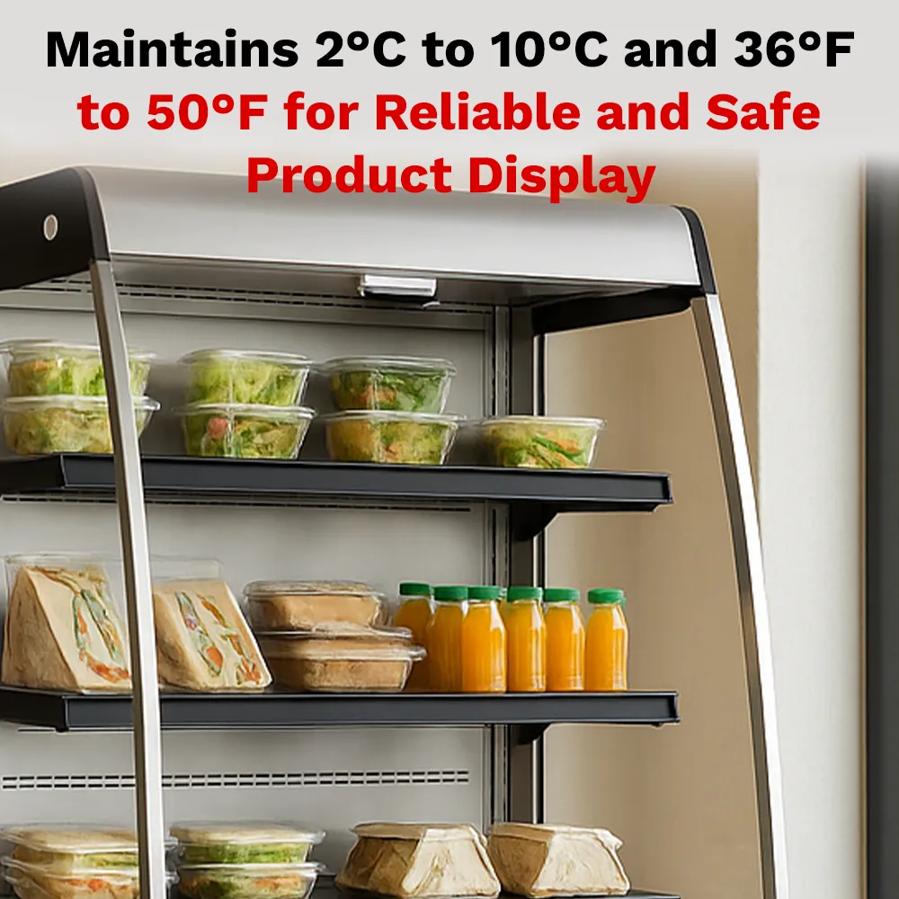 BakeMax refrigerated floor display with glass front and multiple shelves, designed for showcasing chilled food, drinks, and desserts in hotels or cafe