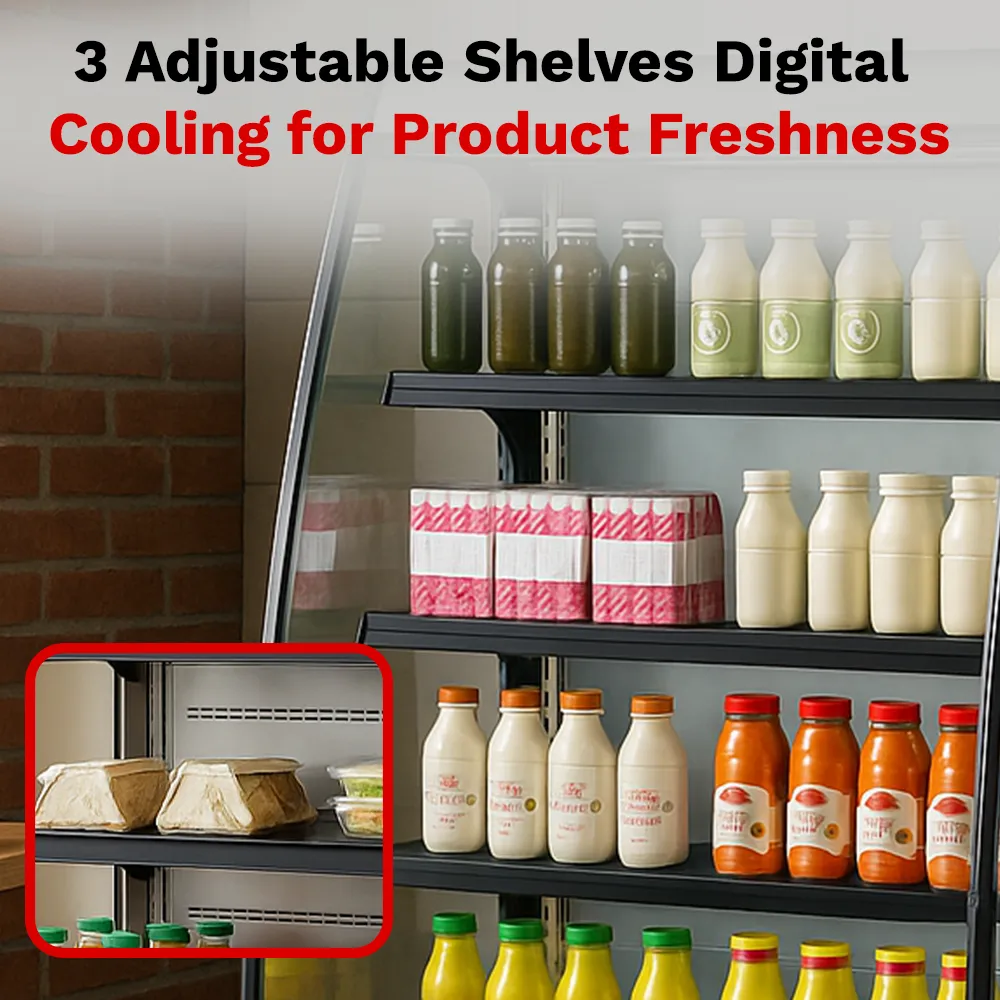 BakeMax refrigerated floor display with glass front and multiple shelves, designed for showcasing chilled food, drinks, and desserts in hotels or cafe