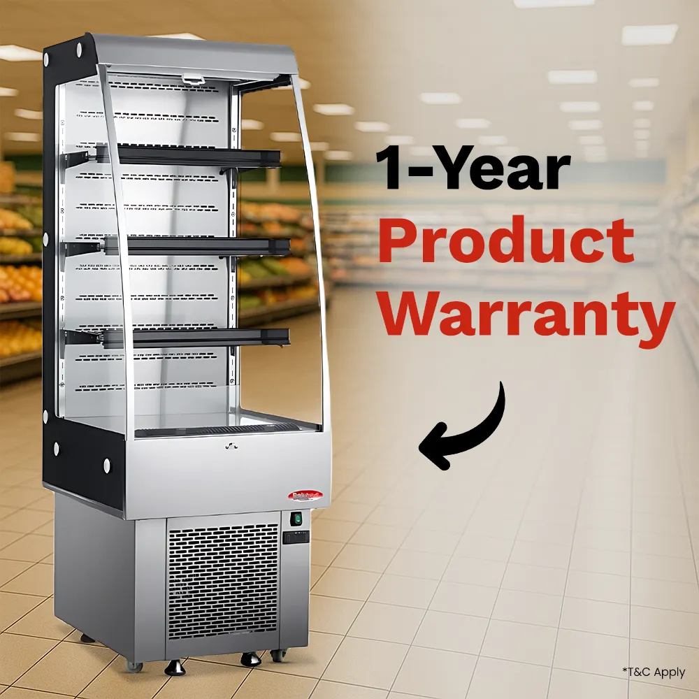 BakeMax refrigerated floor display with glass front and multiple shelves, designed for showcasing chilled food, drinks, and desserts in hotels or cafe