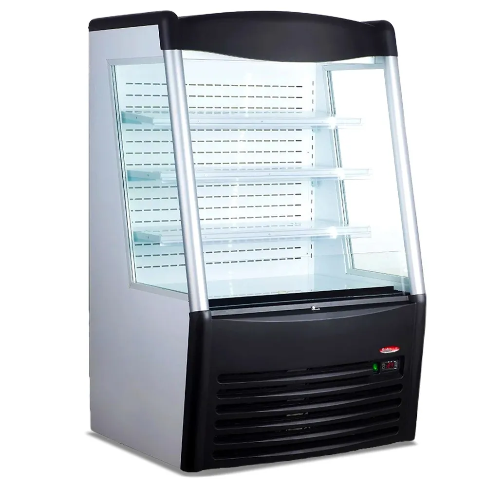 BakeMax refrigerated floor display with curved glass, thirty-six inches wide, showcases chilled food with LED lighting and auto defogging system.