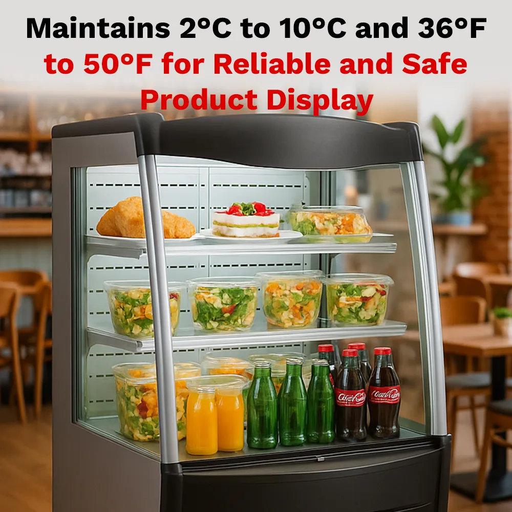 BakeMax refrigerated floor display with curved glass, thirty-six inches wide, showcases chilled food with LED lighting and auto defogging system.
