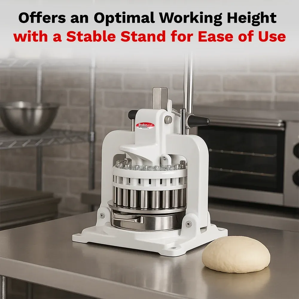 BakeMax BMHBD01 Titan Series manual hand bun dough divider with countertop stainless steel, manual press handle, and efficient bakery production use.