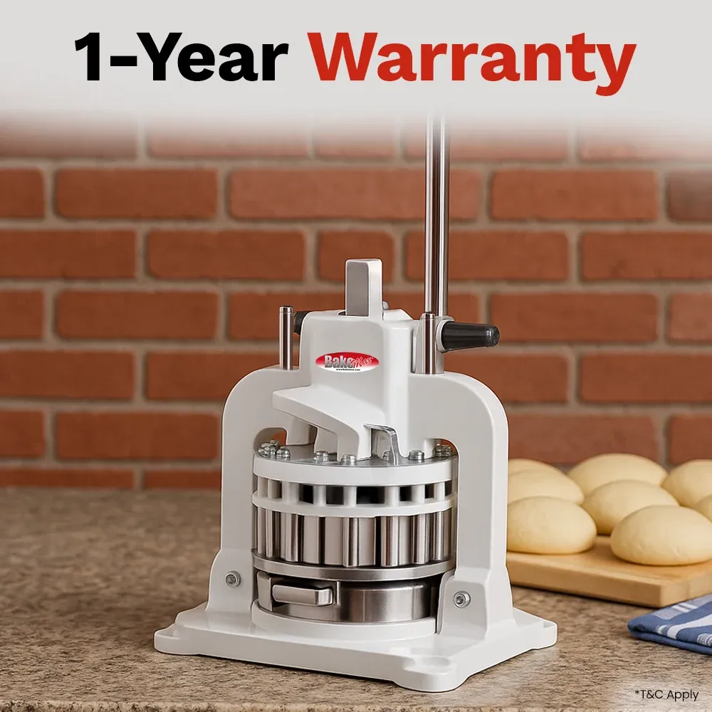 BakeMax BMHBD01 Titan Series manual hand bun dough divider with countertop stainless steel, manual press handle, and efficient bakery production use.