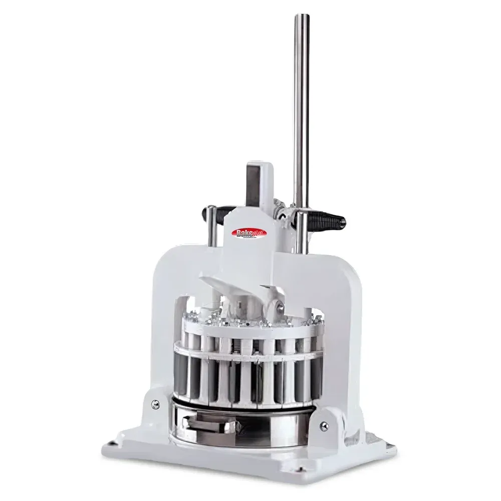 BakeMax BMHBD01 Titan Series manual hand bun dough divider with countertop stainless steel, manual press handle, and efficient bakery production use.