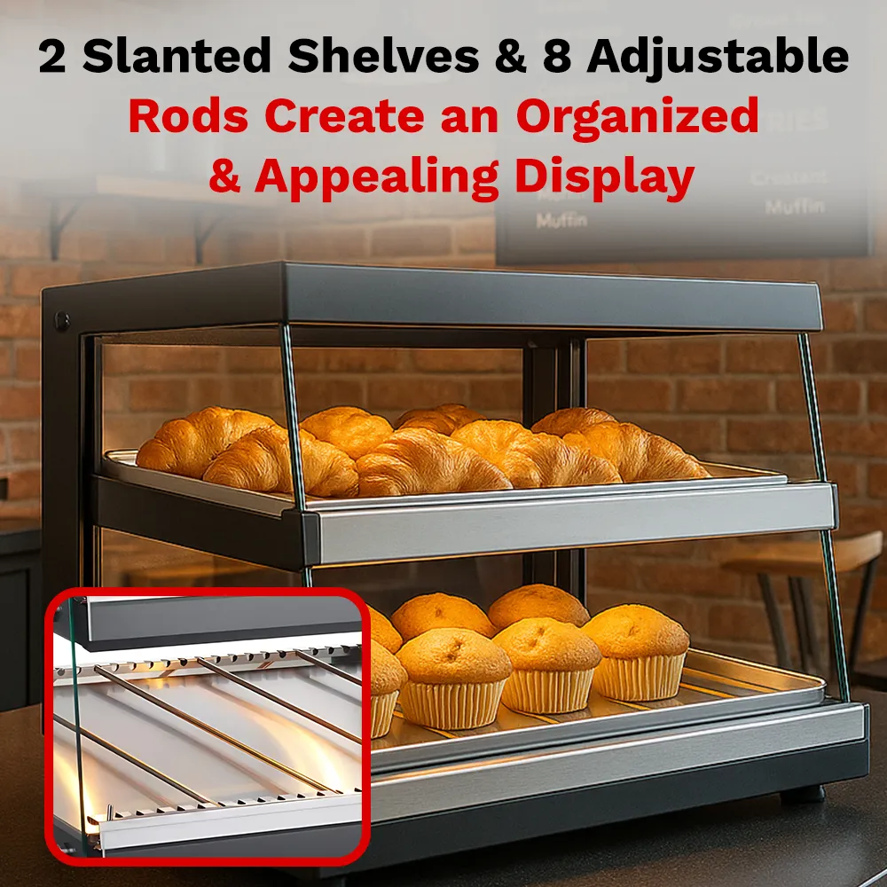 BakeMax BMHGG01 Titan Series heated countertop display case with stainless steel frame, glass doors, and warming shelves for bakery or food items.