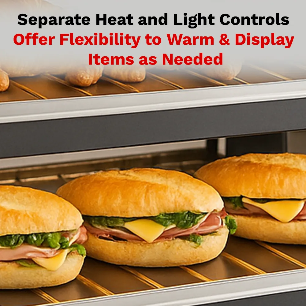 BakeMax BMHGG01 Titan Series heated countertop display case with stainless steel frame, glass doors, and warming shelves for bakery or food items.